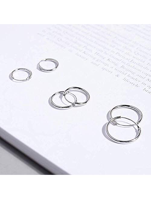 Sterling Silver Hoop Earrings for Women Men Girls, Hypoallergenic Cartilage Earring Endless Small Hoop Earrings Set, 3 Pairs Tragus Earrings (8mm/10mm/12mm)