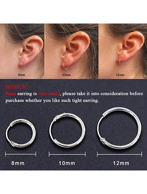 Sterling Silver Hoop Earrings for Women Men Girls, Hypoallergenic Cartilage Earring Endless Small Hoop Earrings Set, 3 Pairs Tragus Earrings (8mm/10mm/12mm)