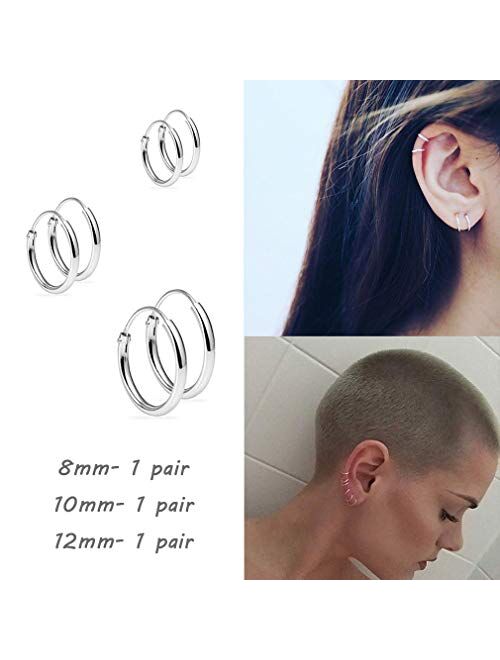 Sterling Silver Hoop Earrings for Women Men Girls, Hypoallergenic Cartilage Earring Endless Small Hoop Earrings Set, 3 Pairs Tragus Earrings (8mm/10mm/12mm)