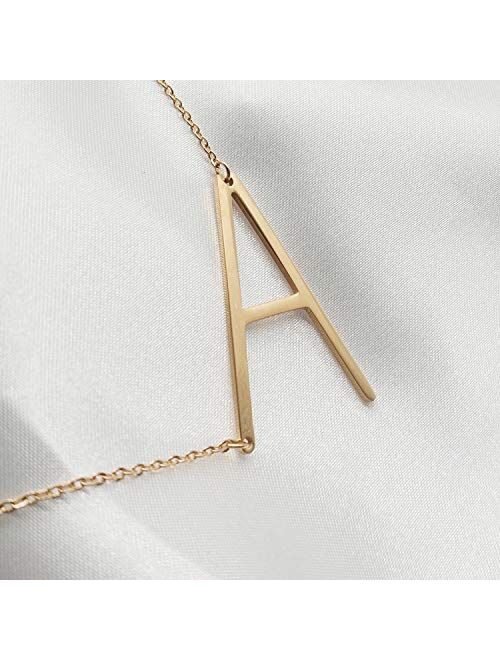 MOMOL Sideways Initial Necklace 18K Gold Plated Stainless Steel Large Big Letters Pendant Necklace Script Name Monogram Necklaces for Women