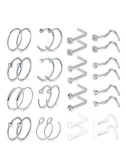 MODRSA 18G Nose Rings Hoop Surgical Stainless Steel Nose Rings Studs Screw L-Shaped Nose Stud Tragus Cartilage Helix Earrings Hoop Nose Piercing Jewelry for Women Set