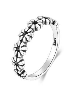 BORUO 925 Sterling Silver Ring, Daisy Flower Hawaiian High Polish Tarnish Resistant Comfort Fit Wedding Band Ring