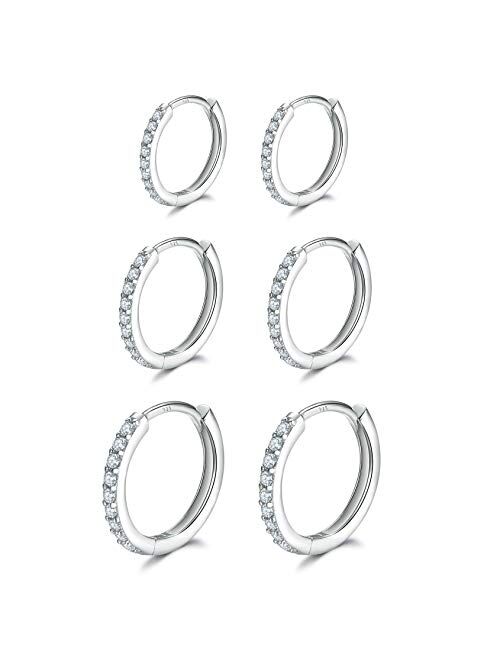 3 Pairs Sterling Silver Small Hoop Earrings Cubic Zirconia Cuff Earrings | Tiny Cartilage Huggie Hoop Earrings Piercing Jewellery for Women Girls