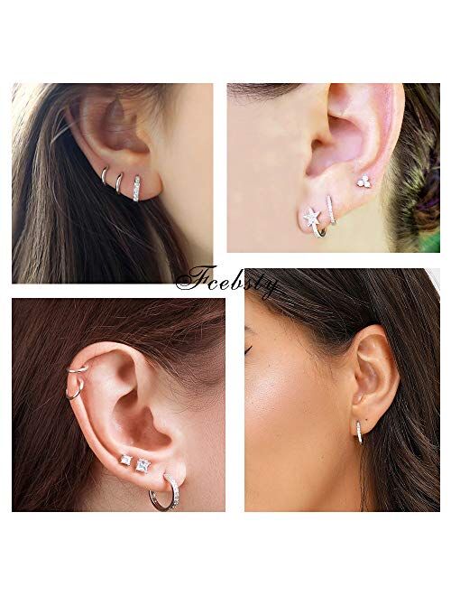 3 Pairs Sterling Silver Small Hoop Earrings Cubic Zirconia Cuff Earrings | Tiny Cartilage Huggie Hoop Earrings Piercing Jewellery for Women Girls