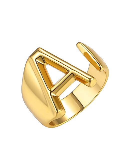 GoldChic Jewelry Personalized Gold Bold Initial Letter Open Ring Adjustable Women Statement Rings Party|Womens Signet Ring|18K Gold Plated Open Alphabet Rings|Letter A to