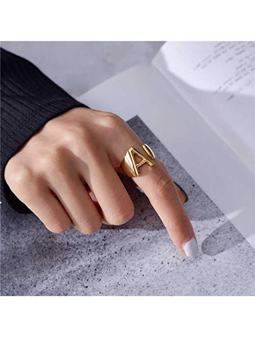 GoldChic Jewelry Personalized Gold Bold Initial Letter Open Ring Adjustable Women Statement Rings Party|Womens Signet Ring|18K Gold Plated Open Alphabet Rings|Letter A to