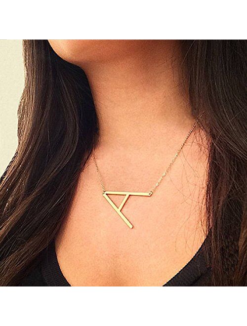 RINHOO Sideways Large Initial Necklace Gold Big Letter Script Name Stainless Steel Pendant Monogram Necklace for Women Gift(from Alphabet 26 A-Z)