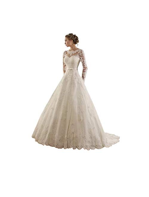 Sunweddingdress Women's Jewel Lace Applique Long Sleeve Chapel Wedding Dress