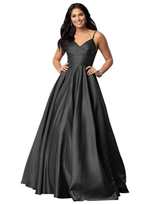 WuliDress Women's Strap A Line Satin Prom Dress Evening Party Dress Ruched Bodice