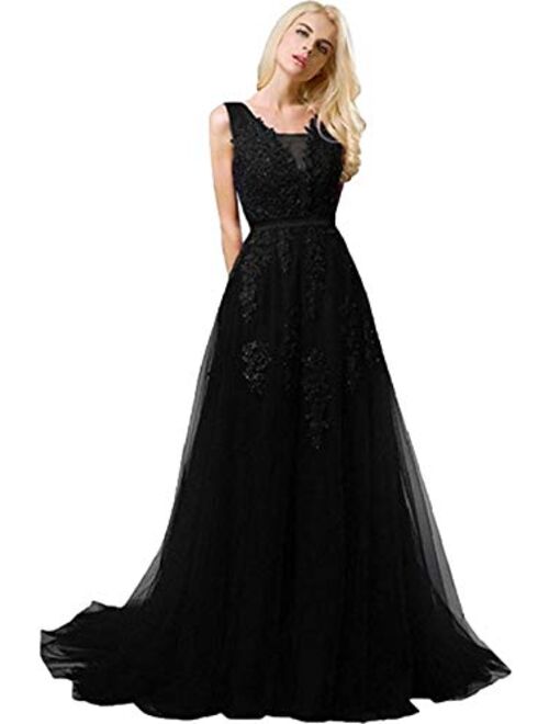 Huifany Women's V Neck Lace A-line Empire Long Formal Evening Dress Prom Gown