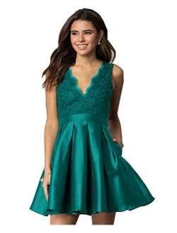 Yilis Women's A Line Lace Dress Short Prom Evening Party Gown With Pockets