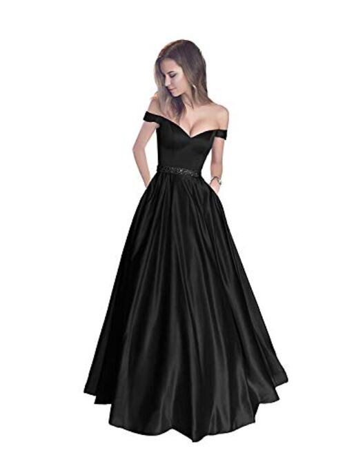 Jazylynbride Women's Long Satin Off The Shoulder Sweetheart Prom Dress with Pocket Evening Gown