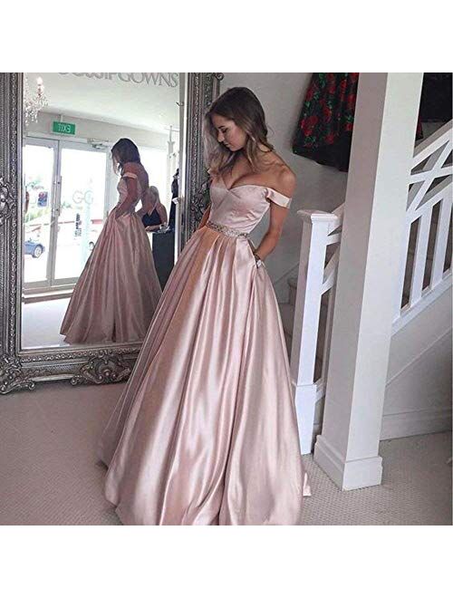 Jazylynbride Women's Long Satin Off The Shoulder Sweetheart Prom Dress with Pocket Evening Gown