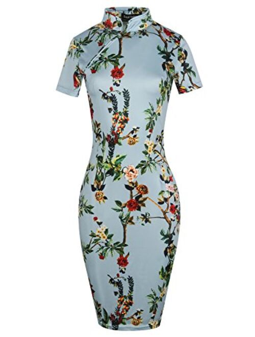 oxiuly Women's Vintage Floral Flare Stretch Stand Collar Casual Work Pencil Dress OX183
