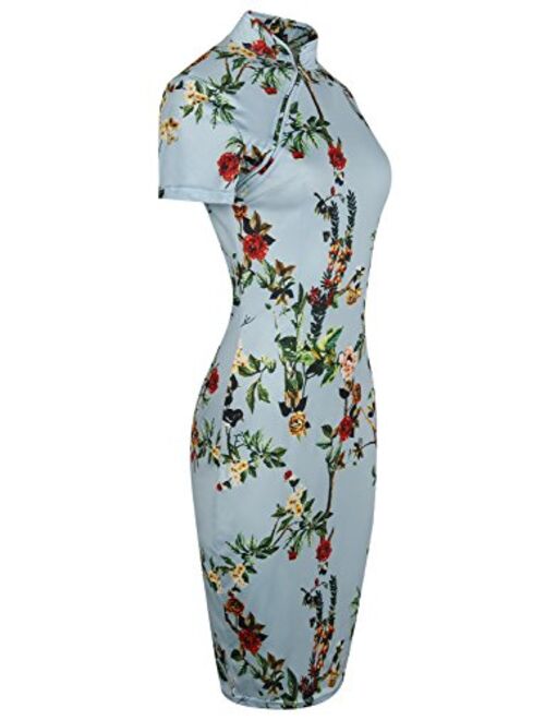 oxiuly Women's Vintage Floral Flare Stretch Stand Collar Casual Work Pencil Dress OX183