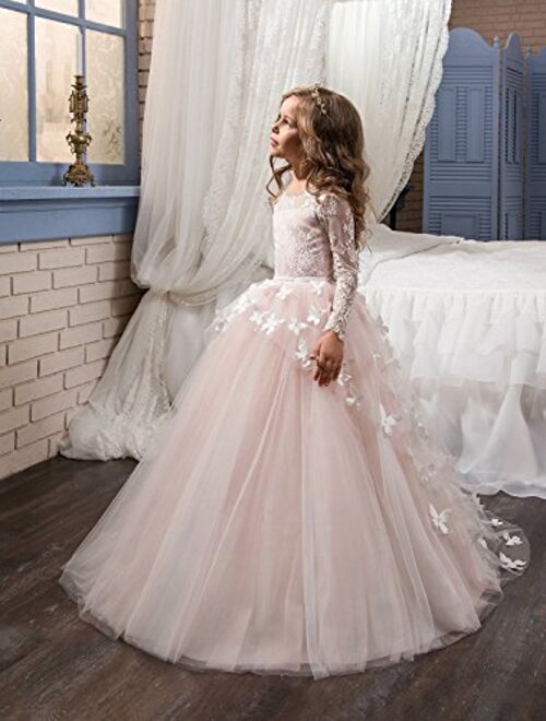 Abaowedding Flower Girls' Dress for Wedding Butterflies Long Sleeve Princess Dress
