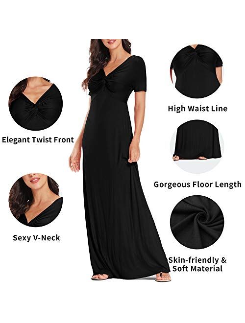 Twist Front Maxi Dresses, Two Pockets Loose Plain Long Maxi Dress, Wrap Cotton Casual Summer Dresses Floor Length Fit