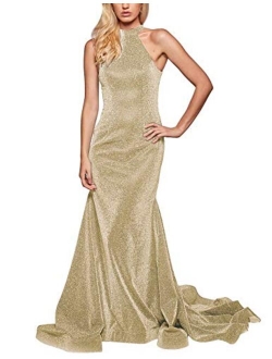 Leeskoot Women's Spaghetti V-Neck Prom Dresses Long Mermaid Evening Gown Glittery Bridesmaid Dress