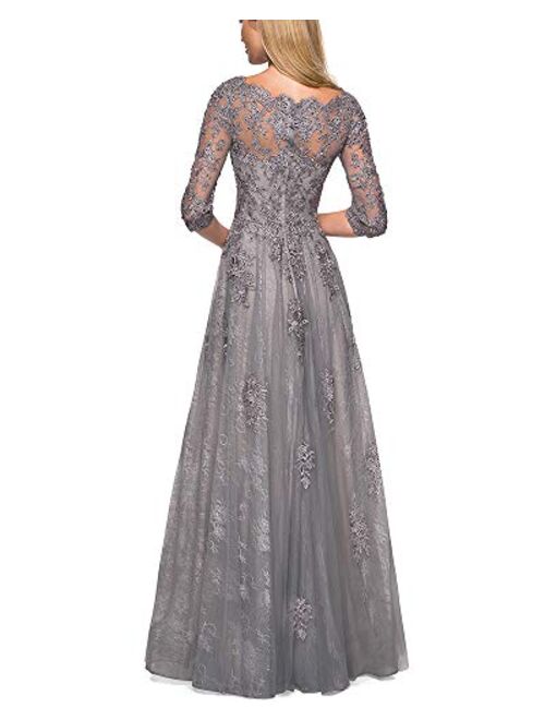 Noras dress Women's Lace Appliques Mother of The Bride Dress Tulle 3/4 Sleeves Evening Formal Gown with Pockets B096