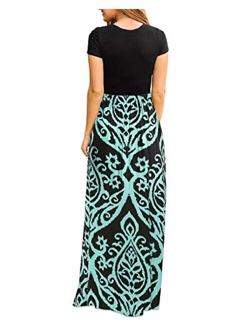 Zattcas Women's Floral Maxi Dress Short and 3/4 Sleeve Casual Long Printed Maxi Dresses with Pockets