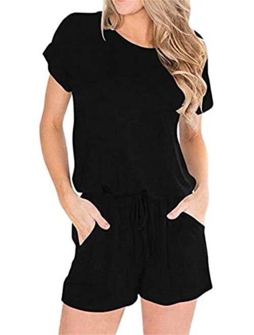 Ensanrt Women's Crewneck Short Sleeve Romper Casual Loose Solid Short Rompers Jumpsuits with Pockets