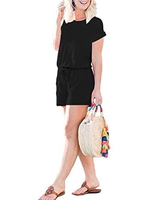 Ensanrt Women's Crewneck Short Sleeve Romper Casual Loose Solid Short Rompers Jumpsuits with Pockets