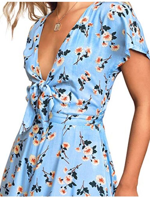 AGQT Womens Summer Floral Print Self Tie Front Romper V Neck Casual Rufffles Short Sleeves Jumpsuit