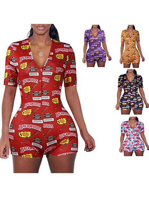 Women V Neck Shorts Romper One Piece Floral Bodycon Jumpsuit Pajama Short Sleeve Bodysuit Overall Yoga Workout Home Wear