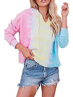 Women's Tie Dye Printed Long Sleeve Sweatshirt Round Neck Casual Loose Pullover Tops Shirts