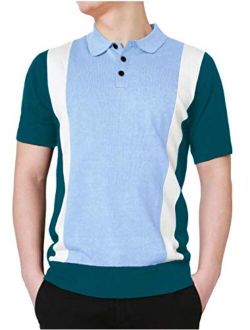 uxcell Men Color Block Patchwork Knitted Short Sleeves Striped Button Golf Polo Shirts