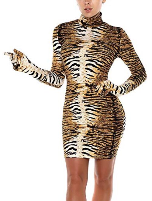 Lynley Women's Animal Tiger Print Bodycon Long Sleeve Turtleneck Party Midi Dress with Removable Gloves