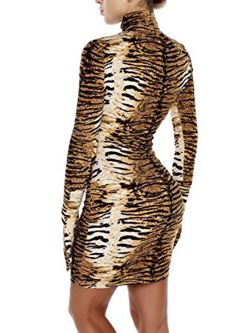 Lynley Women's Animal Tiger Print Bodycon Long Sleeve Turtleneck Party Midi Dress with Removable Gloves