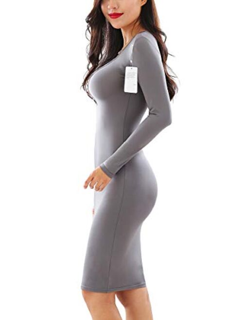 YMING Womens Sexy Club Long Sleeve Midi Bodycon Solid Color Criss Cross Neck Dress