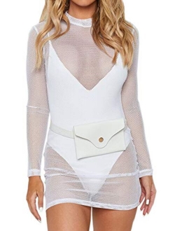 just quella Women's Mesh Lingerie for Women Fishnet Babydoll Mini Dress Long Sleeve Chemise Dress (XXS-3XL)