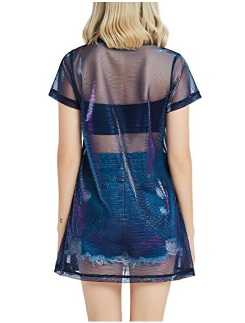 Perfashion Holographic Mesh Dress Metallic See Through T-Shirt Dress for Women