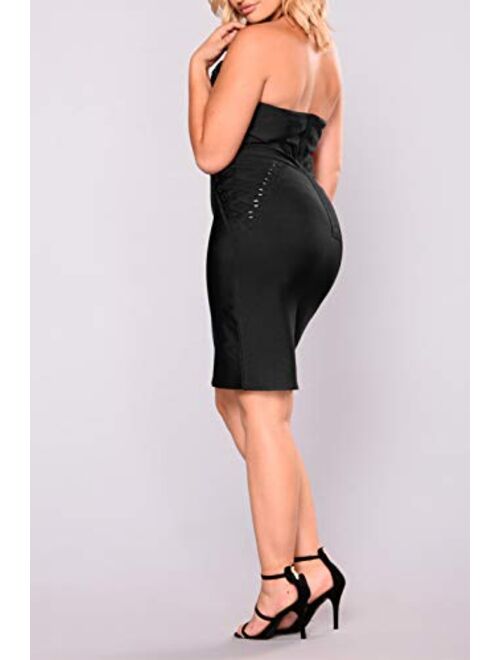 Hybrid & Company Womens Sexy V Neck Off Shoulder Bodycon Stretch Knee Length Midi Bandage Dress for Party