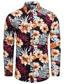TUNEVUSE Mens Flower Shirt Casual Printed Shirt Cotton Long Sleeve Button Down Floral Dress Shirts