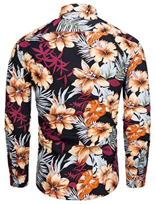 TUNEVUSE Mens Flower Shirt Casual Printed Shirt Cotton Long Sleeve Button Down Floral Dress Shirts