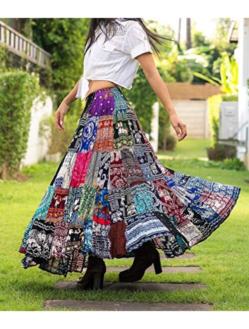Patchwork Skirt Long Boho Colorful Unique Gypsy Tiered Maxi Full Flared Rayon