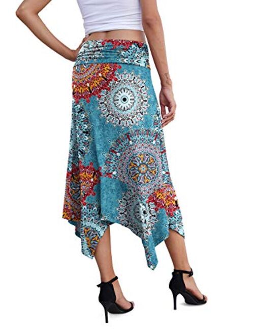 PrinStory Women's Casual Elegant Flowy Handkerchief Hemline Midi Skirt