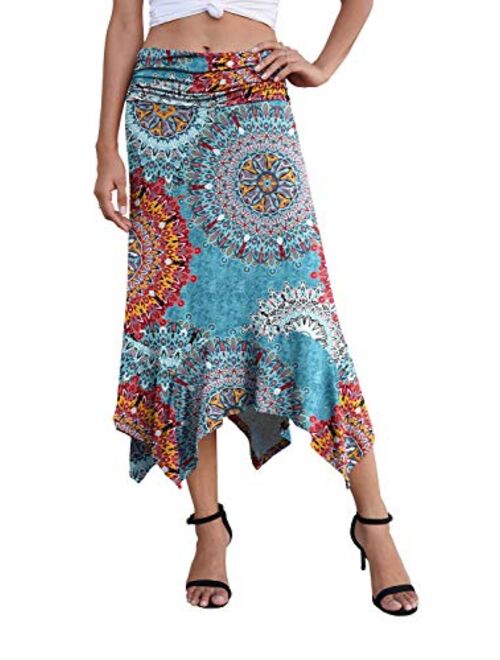 PrinStory Women's Casual Elegant Flowy Handkerchief Hemline Midi Skirt
