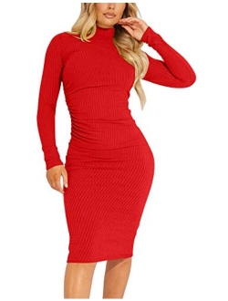 Kaximil Women's Ribbed Basic Casual Mide Dress Long Sleeve Bodycon Ruched Club Dresses