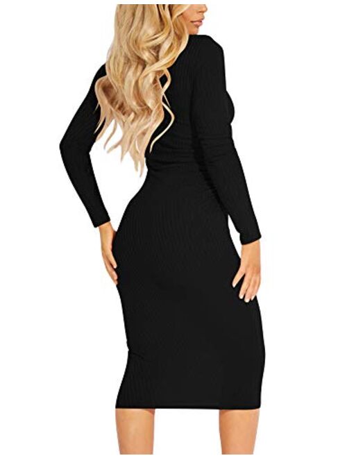 Kaximil Women's Ribbed Basic Casual Mide Dress Long Sleeve Bodycon Ruched Club Dresses