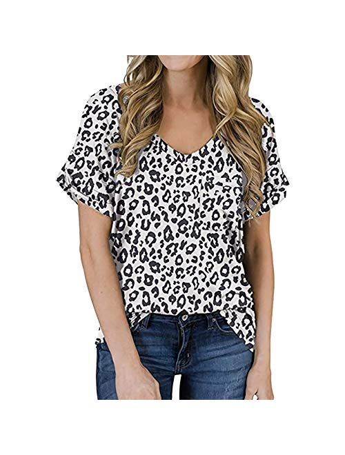 YZEECOL Women's Summer V-Neck Shirts with Pocket Loose Casual Tee Leopard T-Shirt