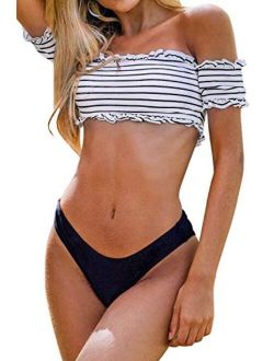 Women's Black White Striped Off Shoulder Bandeau Bikini Sets