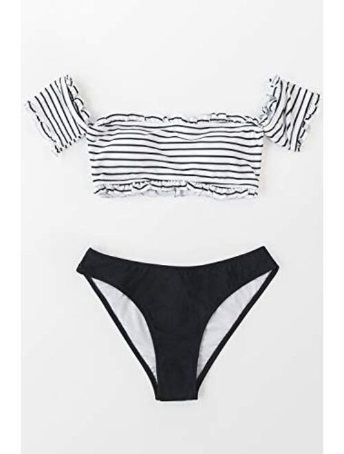 CUPSHE Women's Black White Striped Off Shoulder Bandeau Bikini Sets