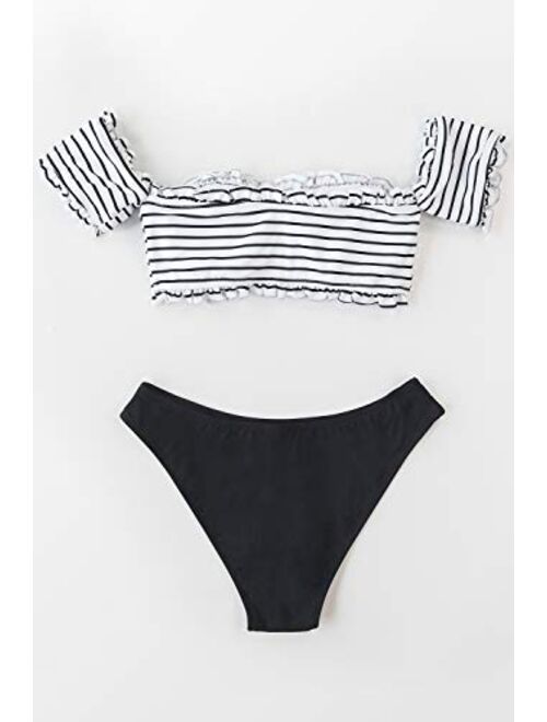 CUPSHE Women's Black White Striped Off Shoulder Bandeau Bikini Sets