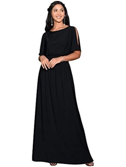 Womens Split Sleeves Smocked Elegant Cocktail Long Maxi Dress
