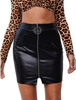 Women's High Waist Zipper Front Faux Leather Mini Skirt