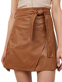 Women's High Waist Zipper Front Faux Leather Mini Skirt